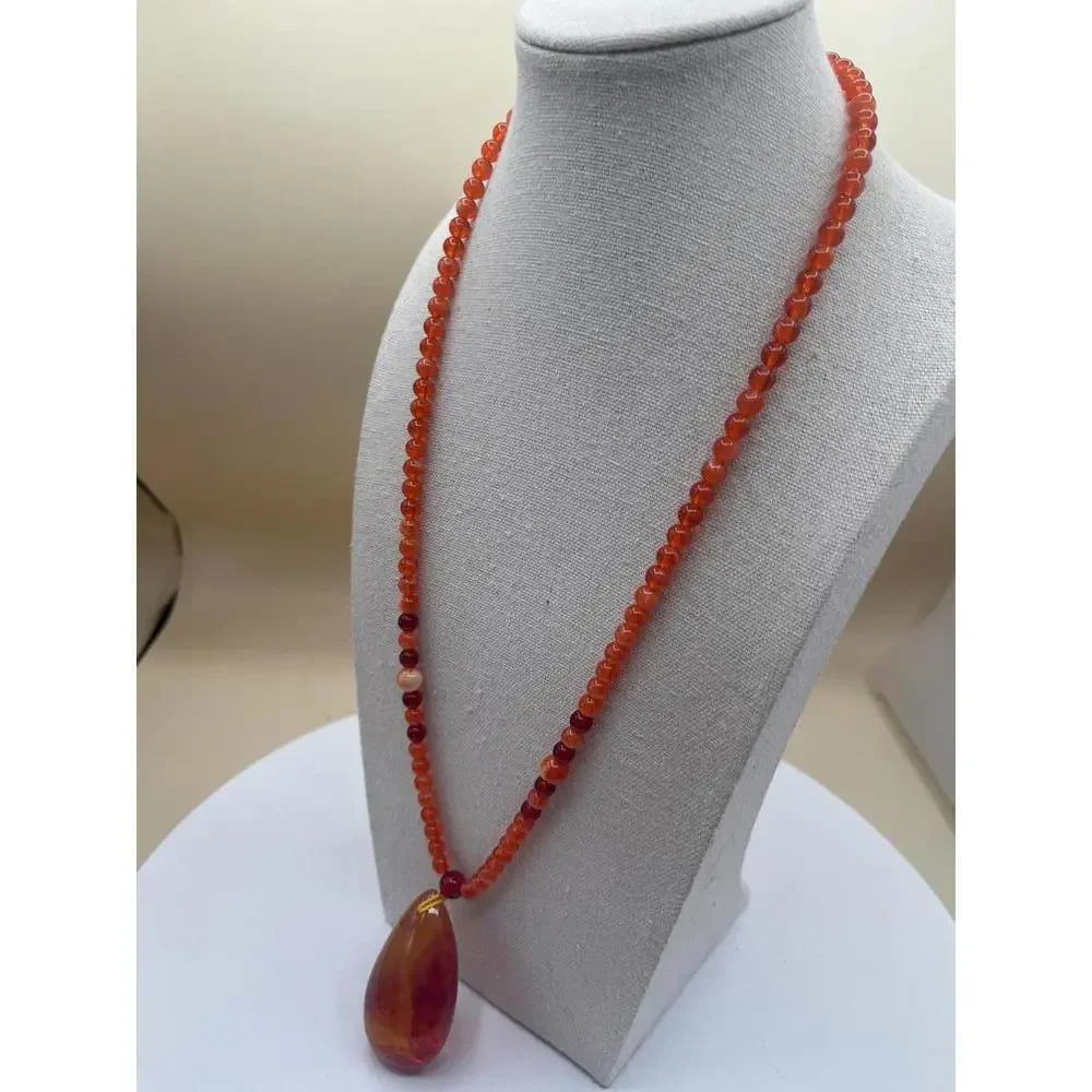 Orange Beaded Necklace with Amber Teardrop Pendant - Picture 3 of 6